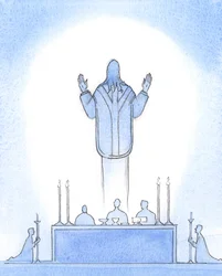 Christus, unser auferstandener Herr, war über dem Altar gegenwärtig, als ob er aus dem Grab aufsteigt, seine Hände zum Vater erhoben, für uns Fürbitte haltend, die an ihn glauben, unseren Hohepriester