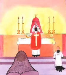 In bewussten Schritten (erklärte Christus) führte er mich langsam zu einer Anerkennung der Ehrfurcht und Schönheit, die mit der traditionellen Weise verbunden ist, das heilige Opfer darzubringen