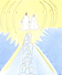 Jesus, der Gekreuzigte, wartet am Tor des Himmels mit seiner Mutter Maria und den heiligen Engeln