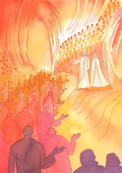 Der gekreuzigte Jesus wartet am Tor des Himmels mit seiner Mutter Maria und den heiligen Engeln
