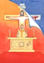 Jesus ist bei uns in der Messe gegenwärtig, betet zum Vater für uns, um Hilfe in unseren Bedürfnissen und für das ewige Heil. Wir können all unsere Gebete mit seinem großen Opfergebet vereinen.