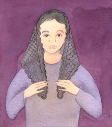 Der Herr bat mich, ein Bild einer Frau zu zeichnen, die in der Kirche gemäß altem Brauch ihr Mantilla trägt
