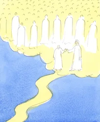 Die gesegnete Seele, die bis zum Ende in der Liebe zu Christus und ihrem Nächsten ausgeharrt hat, wird von Christus an der Hand geführt, um die himmlischen Freunde zu treffen, die versammelt sind, um sie in ihrer Gemeinschaft willkommen zu heißen