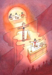 Durch die Eucharistie, die beim Letzten Abendmahl eingesetzt wurde, wird das Opfer von Golgatha in jeder Generation neu dargebracht.