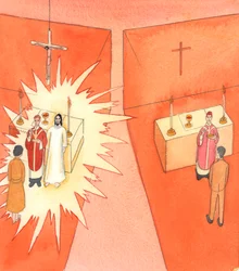Wenn Brot und Wein von einem katholischen Priester geweiht werden, werden sie in den Heiligen Leib und das Blut Christi verwandelt; und Christus verwandelt den Kommunikanten durch Sein göttliches Leben, 2005