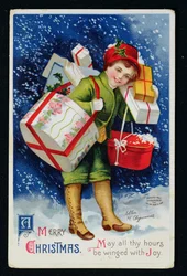 Junge mit Geschenken, frühe 20. Jahrhundert Weihnachtskarte (Farbstich)