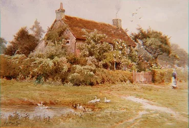 Eine Frau und Enten nahe einem Cottage im Sommer