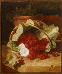 Himbeeren in einem mit Kohlblättern ausgekleideten Korb mit weißem Windröschen auf einem Steinsims, 1880