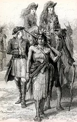 Magua führt Colonel Munros Töchter, mit Major Duncan Heyward und David La Gamme