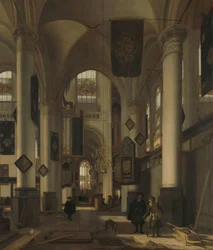 Innenansicht einer protestantischen gotischen Kirche mit Motiven aus der Oude und Nieuwe Kerk in Amsterdam