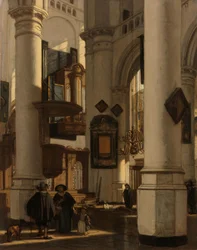 Innenraum einer protestantischen gotischen Kirche mit einem Totengräber im Chor