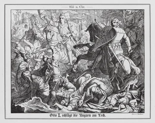 Otto I. von Deutschland besiegt die Magyaren in der Schlacht auf dem Lechfeld, 955 (Gravur)