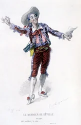 Gesamtwerk von Beaumarchais (1732-1799) von Edouard Fournier. Zeichnung von Emile Bayard. Ed. Laplace, Sanchez et Cie, Paris 1876. Dies ist Figaro in „Der Barbier von Sevilla“
