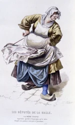 Gesamtwerk von Beaumarchais (1732-1799) von Edouard Fournier. Zeichnung von Emile Bayard. Ed. Laplace, Sanchez et Cie, Paris 1876. Dies ist Mutter Chaplu in „Die Abgeordneten der Halle“