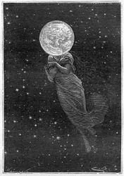 Gravur (von Emile Bayard) von Jules Vernes Buch „Rund um den Mond“ (Hetzel-Ausgabe/Voyages extraordinaire 1870): Beschreibung des Mondes, gezeichnet mit dem Körper einer jungen Frau (Text von J. Verne): „... gestopfte Oberfläche, rissig, ein echter Schauml