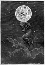 Gravur (von Emile Bayard) von Jules Vernes Buch „Rund um den Mond“ (Hetzel-Ausgabe/Voyages extraordinaire 1870): „der Mond personifiziert mit dem Körper einer jungen Frau... leidend an einer Kolik!“