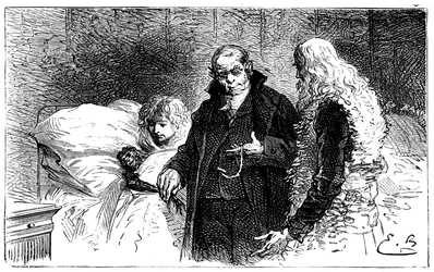 Illustration von Emile Bayard für Hector Malots Roman „Sans Famille“: Joli-Coeur (schönes Herz), der kranke Wissenschaftsaffe wird von einem Arzt untersucht (auskultiert von einem Arzt, der ihm das Huhn wegnimmt) in Anwesenheit von Remi und Monsieur Vitali