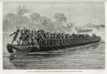 Großes Kanu der Arouhouimi, beladen mit 40 stehenden Paddlern und zwanzig Kriegern in Waffen, auf dem Livingstone-Fluss (Kongo), Zeichnung von Emile Bayard, zur Illustration der Geschichte „Durch den geheimnisvollen Kontinent“, Reise zwischen 1874-1877, v
