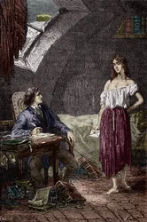 Marius und Eponine, ältere Tochter der Thenardiers und verliebt in Marius. Illustration des Romans „Les Miserables“ von Victor Hugo (1802-1885). Illustration von Emile Bayard. Gravur. Private Sammlung