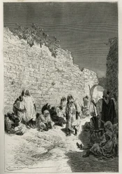 Warten auf die Audienz des Sultans, eine Gruppe von Männern, Frauen, Städtern, Landleuten, Bürgern und Bettlern in den Straßen von Fes (Fez), der Sultan gewährt dreimal wöchentlich eine Audienz für jeden, der um einen Gefallen oder Gerechtigkeit bittet, ge