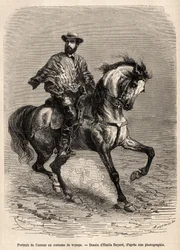 Porträt des Autors, auf seinem Reittier, in seiner Reisekleidung, Gravur nach einer Zeichnung von Emile Bayard zur Illustration der Geschichte über die Wüste von Acatama und Caracoles (Südamerika), von Ingenieur A. Bresson, 1870-1874, veröffentlicht in „Le