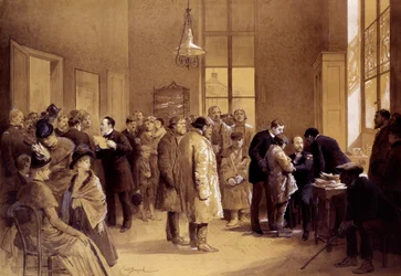 Tollwutimpfung: Louis Pasteur (1822-1895) wandte sich an die Bewunderer, während Dr. Gaucher in einem Labor in der Rue d