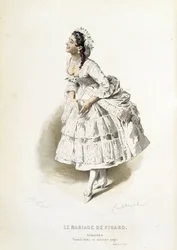Suzanne in „Le mariage de Figaro“ - in „Oeuvres complètes de Beaumarchais“, Zeichnungen von Emile Bayard, ed. Laplace Sanchez & cie, Paris