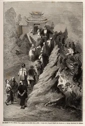 Der Weg des Himmels, Zeichnung von E. Bayard, basierend auf einem Gemälde aus einer Pagode in Tien Tsin, zur Illustration der Reise von Shanghai nach Moskau, von 1859 bis 1862, von M. de Bourboulon, Minister von Frankreich in China. Gravur in „Le tour du m