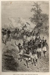 Der Zug der Frau von Cassemmbe zieht an Livingstone vorbei, der sie grüßt, graviert nach einer Zeichnung von Emile Bayard, zur Illustration des letzten Tagebuchs von David Livingstone (1813-1873), 1866-1873, veröffentlicht in „Le tour du monde“ 1875, herau