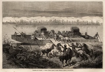 Die Überquerung des Jenissei-Flusses (Russland), Zeichnung von Emile Bayard (1837-1891) zur Illustration der Reise von Shanghai nach Moskau, von 1859 bis 1862, von M. de Bourboulon, Minister von Frankreich in China. Gravur in „Le tour du monde“, herausgege