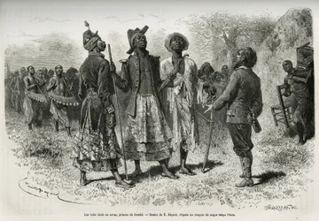 Die drei Führer (oder Sovas), Fürsten von Dombe (Angola), und ihr Gefolge aus Musikern und einem Höfling kommen dem Entdecker S. Pinto entgegen. Stich von Emile Bayard zur Illustration des Berichts Wie ich Afrika vom Atlantischen Ozean bis zum Indischen