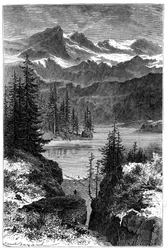 Blick auf die Alpen: Wald, See, Gipfel. Illustration von Emile Bayard für das Buch Les Montagnes von Albert Dupaigne, Ausgabe Mame 1881.