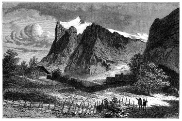 Ansicht der Schweizer Alpen. Illustration von Emile Bayard für das Buch Les Montagnes d