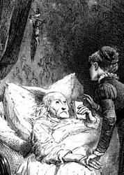 Junge Frau kümmert sich um einen alten Mann, der in seinem Bett stirbt, unter einem an der Wand hängenden Kruzifix. Der Sterbende hält seine letzten Empfehlungen (Testament) in der Hand. (Detail) einer Gravur von Emile Bayard zur Illustration von Jules San