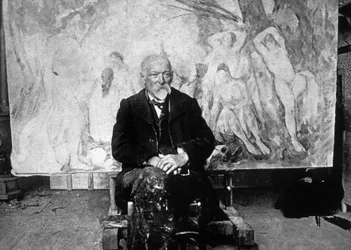 Paul Cézanne (1839-1906), französischer Maler, 1904 vor einem seiner Gemälde mit Badenden