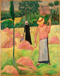 Frau mit Rechen