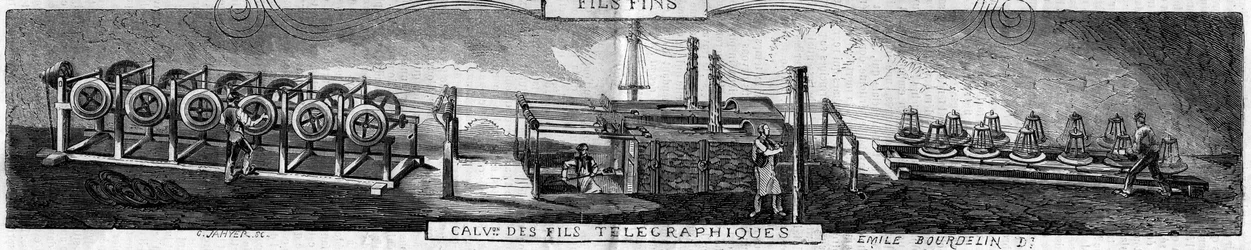 Galvanisierung von Eisen und Telegrafendrähten in der Grenelle-Fabrik durch die Franche-Comté-Schmiedegesellschaft. Gravur von Emile Bourdelin in „The Illustrous World“ Nr. 93 vom 22. Januar