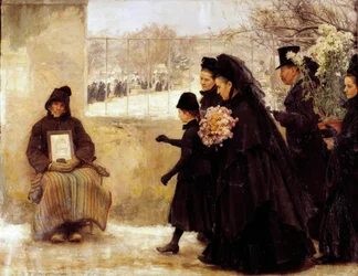 Allerheiligen. Eine trauernde Familie, die zum Friedhof geht, gibt einem alten Mann, der Almosen macht, eine Münze