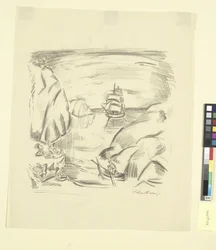 Eine Bucht mit Segelschiff und badenden Frauen