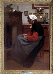 Einfaches Herz. Ein alter Bauer schläft auf einem Stuhl in einem rustikalen Innenraum. Gemälde von Emile Troncy (1859-1943). Paris, Palais du Luxembourg DR