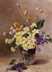 Frühlingsblumen (darunter Weidenzweige)