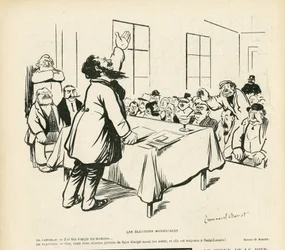 Illustration von Emmanuel Barcet in Le Rire, 09/05/08 - Kommunalwahlen - Wahlen, Politische Versammlung, Versammlung, Wahlversammlung, Kommunalwahlen