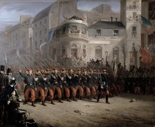 Die Rückkehr der Truppen nach Paris aus der Krim, Boulevard des Italiens, vor dem Hannover Pavillon, Dezember 1855