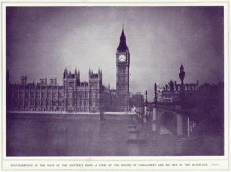 Ein Blick auf das Parlament und Big Ben im Licht des Jägermondes während des Blackouts, aus The Illustrated War News, veröffentlicht am 8. November 1939