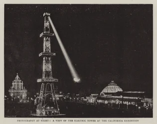 Fotografie bei Nacht, ein Blick auf den Elektrischen Turm bei der Kalifornien-Ausstellung