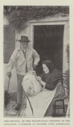 Die Wiederbelebung der Klöppelspitzenindustrie in den Midlands, eine Arbeiterin in Paulers Pury, Northants