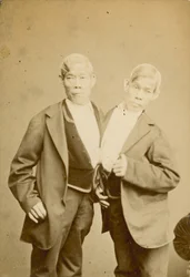 Die siamesischen Jugendlichen; Fotografie; ausgestellt in der Egyptian Hall, Piccadilly, London