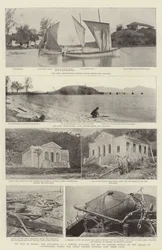 Der Krieg in Brasilien, die Explosion eines Pulvermagazins vor Rio de Janeiro, Szenen auf der Insel Governador, wo die drei britischen Offiziere ihr Leben verloren