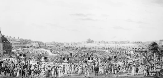Eine korrekte Darstellung der Gesellschaft, die zu und von der Audienz bei Seiner Majestät im Buckingham Palace geht, veröffentlicht von G. Humphrey, 25. Mai 1822