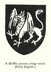 Ein schreitender Greif, Flügel erhoben, Frühenglisch (Gravur)